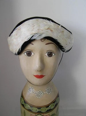 1940's Designer Black Velour Corona Cap Beret Hat trimmed with white Feathers  - Image 1 of 4