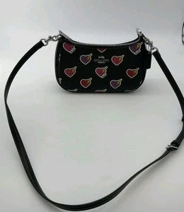 COACH CY346 Teri Crossbody Handbag Signature Leather Heart Bolt Print Black - Picture 1 of 5