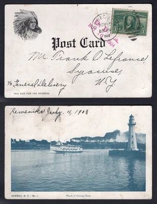 USA Oswego NY 1904 Indian Postcard; Lighthouse. #323 Livingston 1c Straight Edge - Image 1 of 3