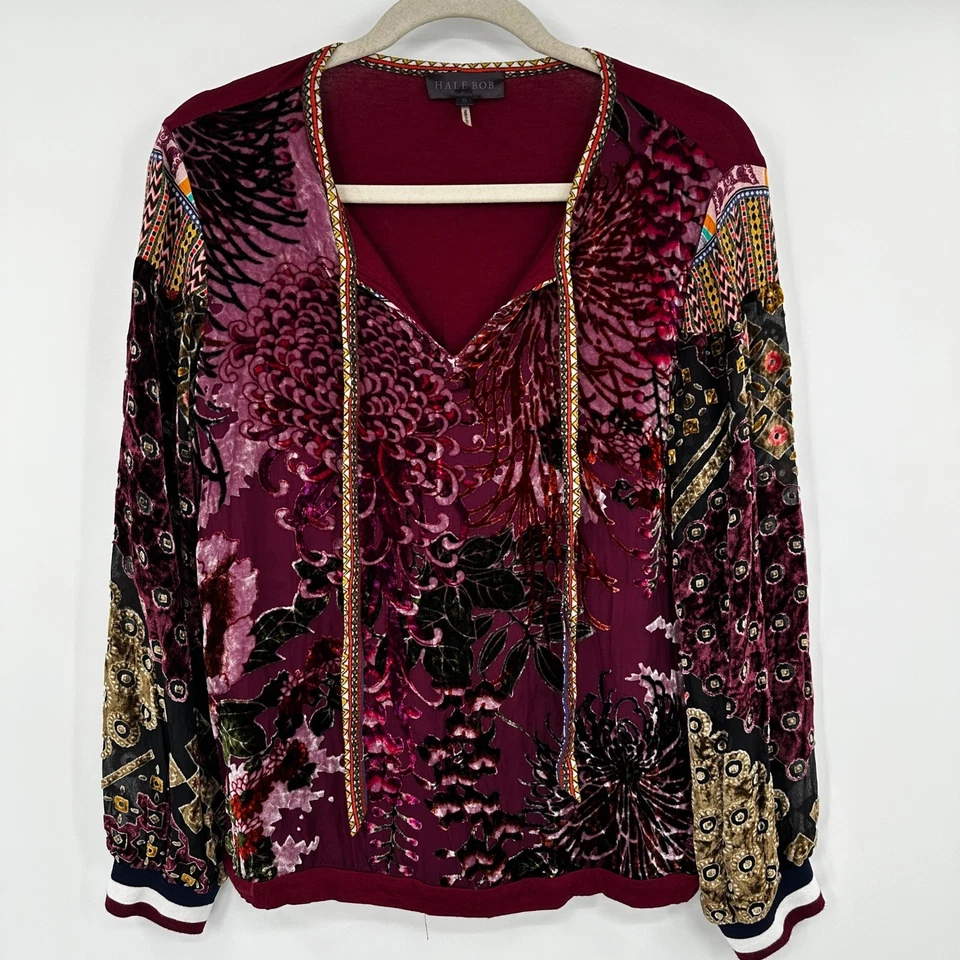 Top manga larga HALE BOB terciopelo Burnout estampado floral borla cuello en V para mujer talla S Foto 1 de 4