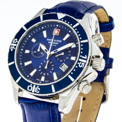 Swiss Alpine Military by Grovana reloj para hombres cronógrafo correa de cuero azul 7040.9535 - Imagen 1 de 4