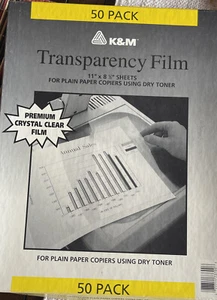 TRANSPARENCY FILM FOR Dry Toner & OFFICE COPIERS  50 SHEETS 11”x8.5” K&M - Picture 1 of 3
