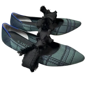 ROTHYS Point Toe Mary Jane Shoes Ballet Flats SIZE 8 Green Plaid Tartan Knit Bow - Picture 1 of 9