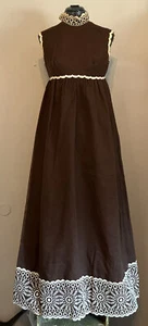 Old Vintage Brown Peasant Maxi Dress with Beige Crocheted Lace Details- Small - Picture 1 of 5
