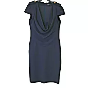 Alexander McQueen Sheath Dress Sz 46 US 10 Navy Blue Cowl Neck Cap Sleeve Pocket - Picture 1 of 10