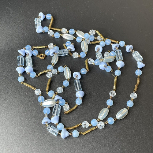 VETEMENTS Collana Perline 52" Azzurro Acrilico Tono Oro Distanziali Avvolti Lunghezza Flapper