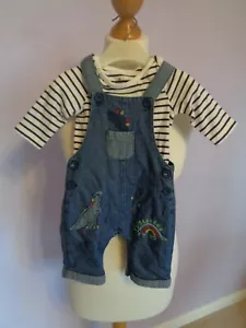 2 Piece Denim Dungarees Striped Bodysuit Mothercare New Baby Dinosaurs NWTS - Picture 1 of 7