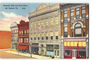 Masonic Hall and Post Office, Mount Carmel PA - 1940s Linen Postcard - Picture 1 of 2