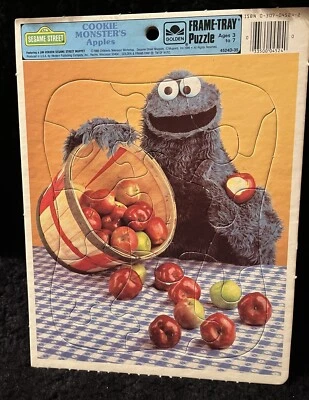 Vintage Sesame Street Puzzle Frame Tray Cookie Monsters Apples Golden Books - Image 1 of 2