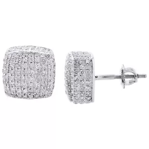 Diamond 3D Cube Studs Mens 10K White Gold Round Pave Square Earrings 1.25 CT. - Picture 1 of 5