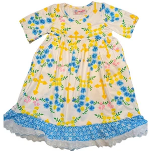 Golden Cross Lace Trim Round Neck Cotton / Spandex Girls Dress, 2T-7Y - Picture 1 of 2