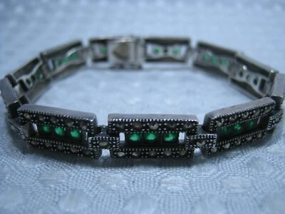 Brazalete de barra de eslabones de tenis Art Deco esmeralda marcasita 925 vintage de plata de ley Foto 1 de 4