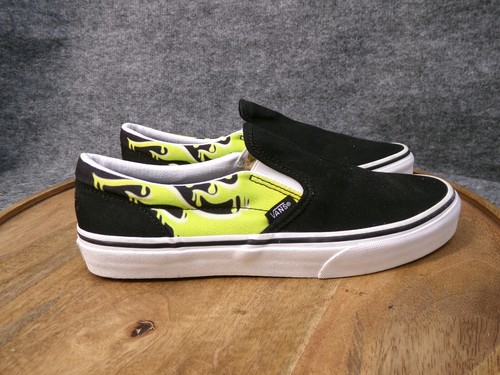 Scarpe da skate Vans Juniors classiche slip on nere in tela con fiamma slime taglia 6 5 US