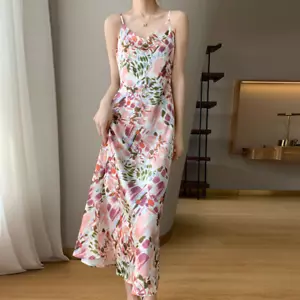 Women's Dress Satin Suspender Floral Summer Slimming V-neck A-line Maxi Dress - Picture 1 of 16