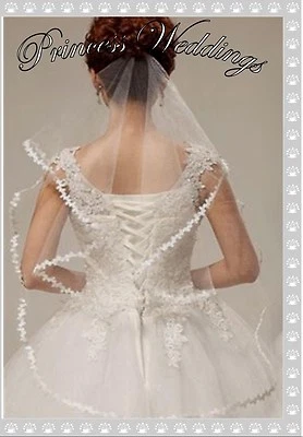 107 ~ Hermoso velo de novia blanco de 2 niveles con borde de cinta de flores sin peine  Foto 1 de 2