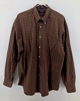 Vintage Nautica Button Down Shirt Mens Size Large Long Sleeve Brown Green Plaid - Image 1 of 4