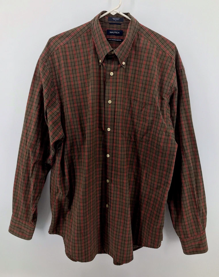 Camisa vintage con botones Nautica para hombre talla grande manga larga marrón verde a cuadros Foto 1 de 4