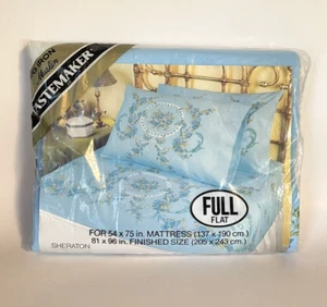 Vintage Tastemaker Full Flat Sheet Sheraton Blue Floral No Iron Muslin 50/50 NOS - Picture 1 of 3