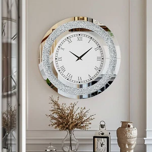 60/80cm Round Mirror Clock Crushed Sparkling Crystal Diamond Mirrored Wall Clock - Picture 1 of 23