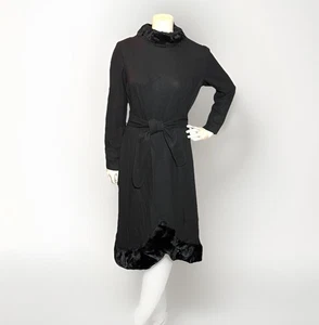Abito vintage anni 50 Lilli Diamond California nero collo pelliccia orlo piccolo MCM - Foto 1 di 16