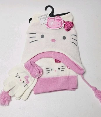 NEW Hello Kitty Knit Girls Beanie Hat, Gloves & Scarf Set Sparkled White w Pink - Image 1 of 4