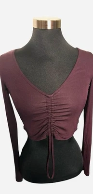 ARITZIA Sunday Best Deep Purple Long Sleeve Crop top with ruching/ front tie - Image 1 of 4