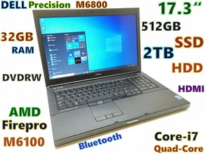 Workstation 17.3" DELL M6800 i7-QUAD  512GB SSD + 2TB HDD DVDRW 32GB M6100 2GB - Picture 1 of 11