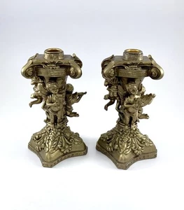 Portacandele angelo in ottone stile antico - Set di 2 candelabri statuina cherubino - Foto 1 di 5
