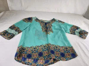 Fig and Flower Tunic Blouse Plus Size 1x Floral Teal Blue Tie Sleeve - Picture 1 of 6