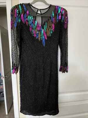 VTG Scala Size X Large Silk Dress Black Beaded Sequin Formal Evening Long Slvs   - Image 1 of 3