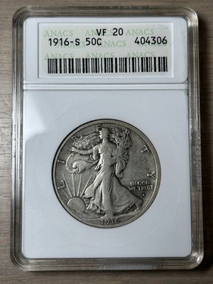 1916 年 S 版 Walking Liberty 半美元 50 美分 ANACS 肥皂盒 VF 20 — 第 1/4 张图片