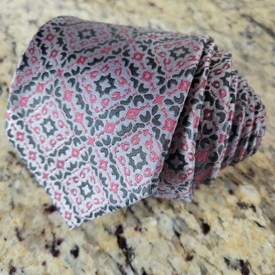 Steve Harvey Mens Tie Geometric Pattern Polyester 3.25 x 63.75 Pink Gray USA - Image 1 of 4