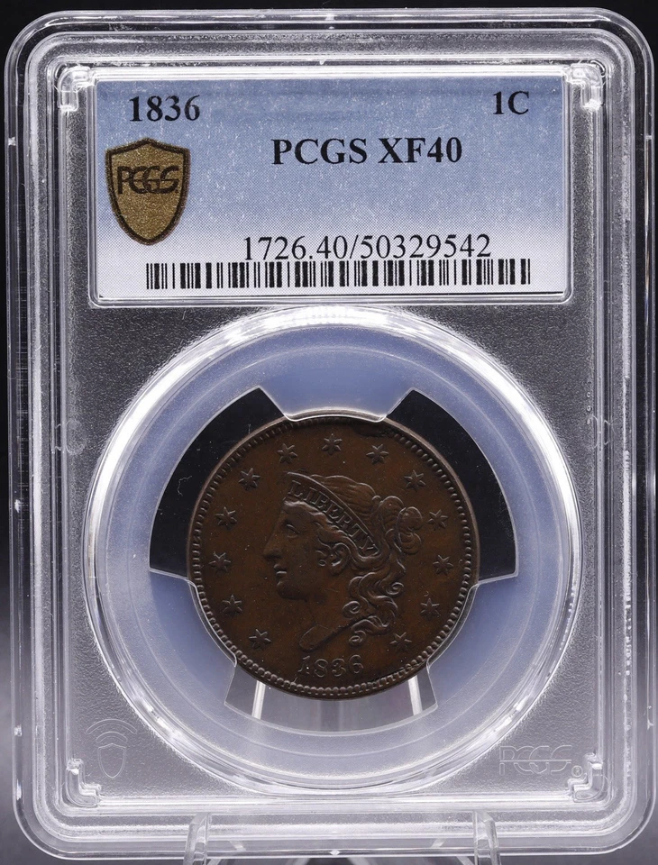 1836 Coronet Head Large Cent PCGS XF40 Choice Chocolate Tones • N-6 R-2 Variety - Image 1 of 4
