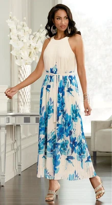 Sz 16 Midnight Velvet Ivory Blue Formal Wedding Church Blair Pleated Maxi Dress - Image 1 of 4