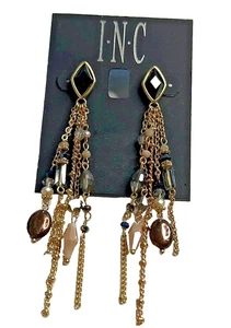 INC International Concepts Gold Dangle Chain Earrings w/ Gemstones, NWT! - Picture 1 of 4
