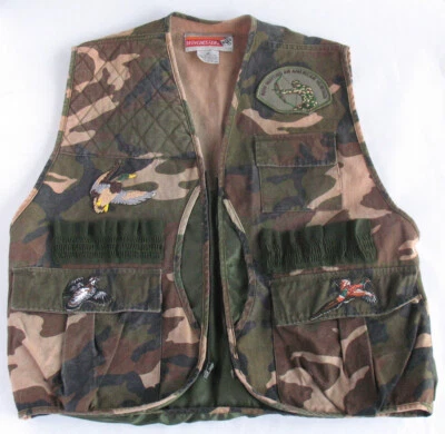 Vintage Winchester Men’s M Woodland Camo Hunting Vest w/ Game Pocket & Patches - Image 1 of 4