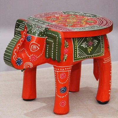 Orange & Green Hand Painted Elephant Stool Decorative Wooden Miniature Table - Image 1 of 4