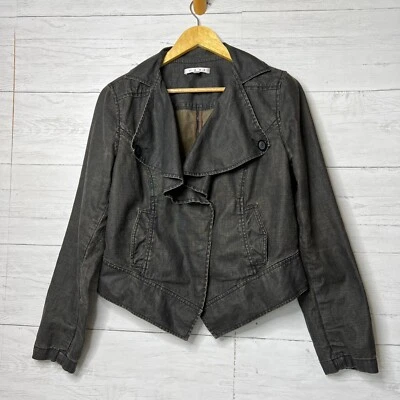 Cabi Jacket Womens Size Medium Black Faded Waxed 100% Linen Cropped Ruffle - Image 1 of 4