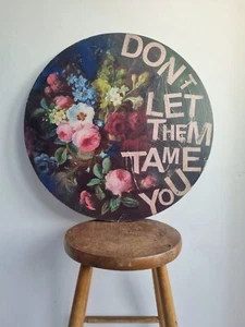 Wall art SHABBY CHIC decoupage painted floral large black alternative Round - Picture 1 of 14