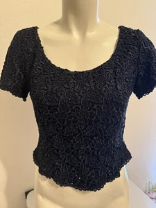 CARMEN MARC VALVO Navy Ornate Embellished beaded Blouse Top 6 Petite Embroidery - Picture 1 of 10
