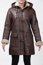 Ladies Brown New Winter Warm Real Shearling Sheepskin Leather Duffle Coat