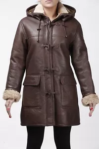 Ladies Brown New Winter Warm Real Shearling Sheepskin Leather Duffle Coat - Picture 1 of 8