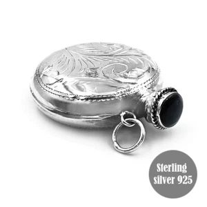 Perfume Bottle Pendant ROUND Shape with Onyx Antique Style Sterling 925 - Picture 1 of 10