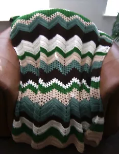 NEW HAND CROCHET GREEN BROWN MULTI COLOR RIPPLE AFGHAN LAP BLANKET THROW - Picture 1 of 6