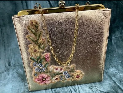 Vintage 1950s Faux Leather Gold Embroidered Handbag “Faye Mell Design Florida” - Image 1 of 4