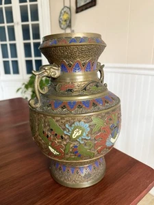 Antique Japanese Cloisonné Champlevé Bronze Vase "AS-IS" - Picture 1 of 2