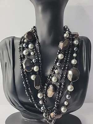 Vintage Premier Designs Necklace Beaded Black Gray Multi Strand Jewelry Costume - Image 1 of 4