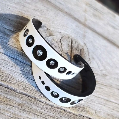 Vintage Y2K White Black Lucite Austrian Crystal Hoop Circles Earrings - Image 1 of 4