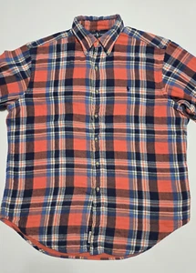 Polo Ralph Lauren Mens Large Orange Plaid Flannel Button Front Double Knit - Picture 1 of 24