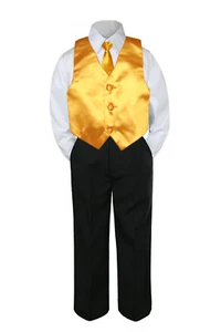 4pc Boy Teens Formal Occasion Wear BLACK Pants Pick color Vest Necktie Set 7-20 - Picture 1 of 25